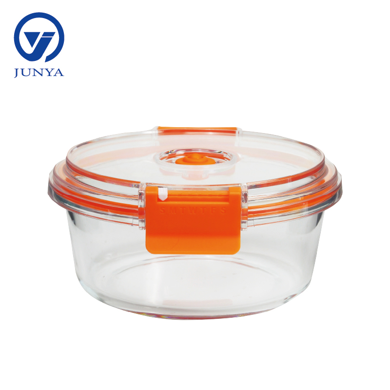 High-Borosilicate Glass Food Container with Orange Vacuum Lid Round Shape