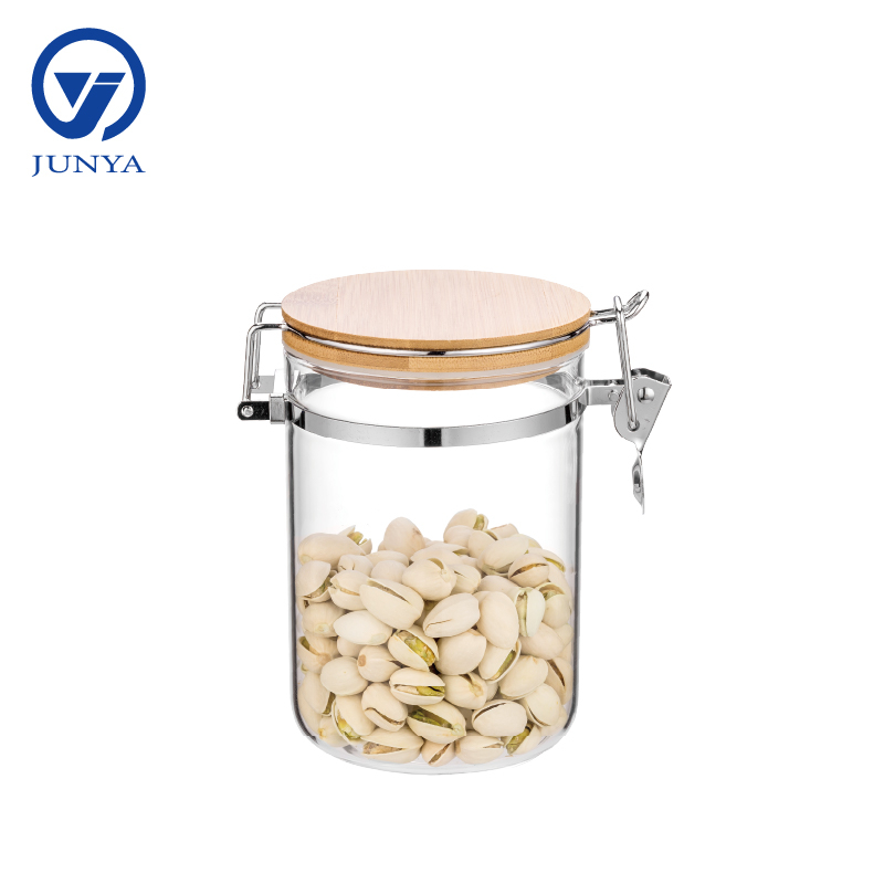 High-Borosilicate Glass Storage Jar with Bamboo Wood Lid And Steel Wire Buckle