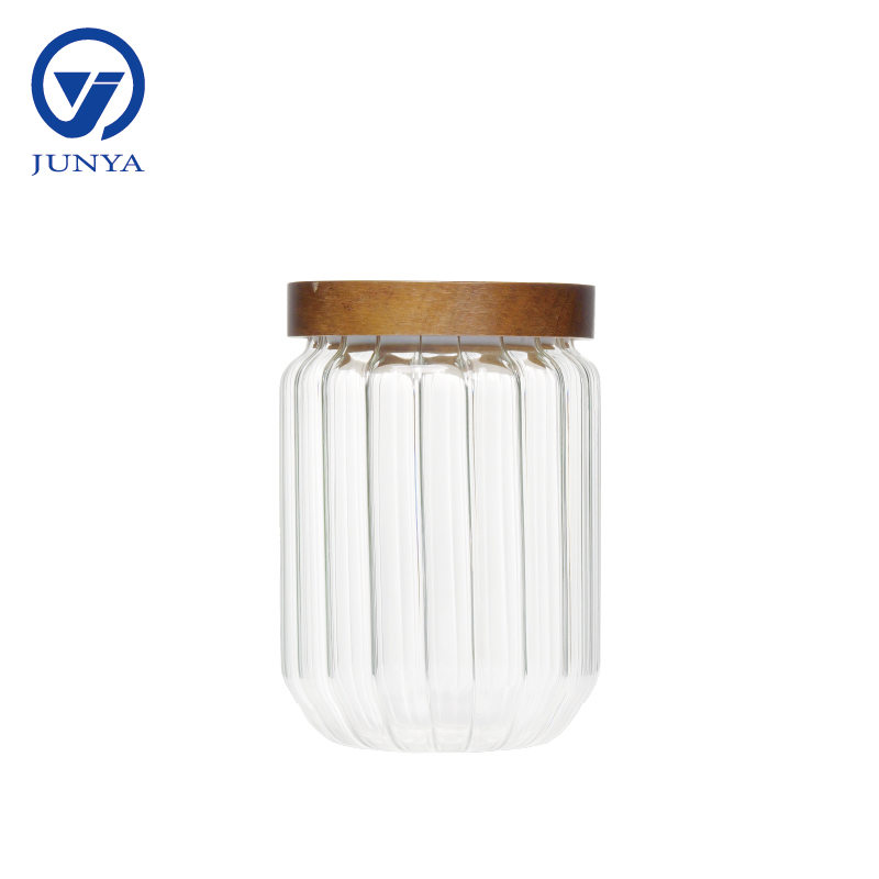 High-Borosilicate Glass Storage Jar with Bamboo Wood Lid Stripe Pattern