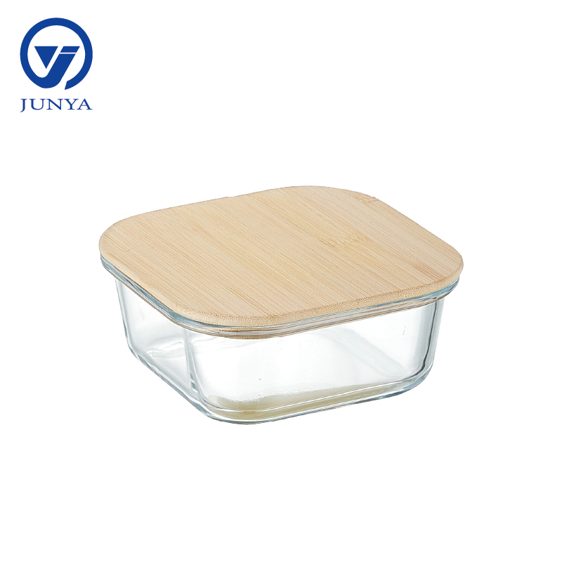 High-Borosilicate Glass Food Container with Bamboo Wood Lid Square Shape
