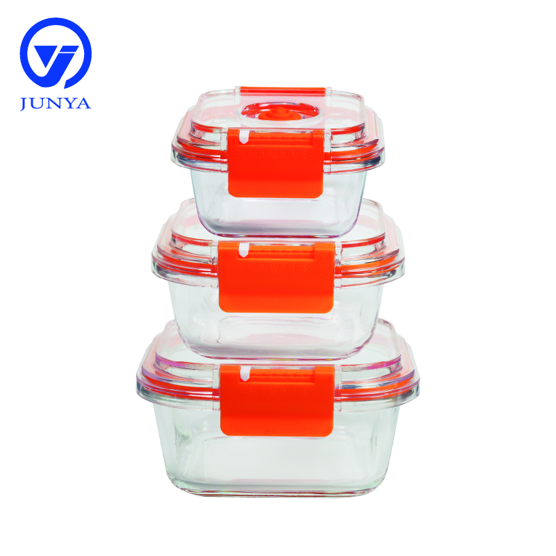 High-Borosilicate Glass Food Container with Orange Vacuum Lid Square Shape