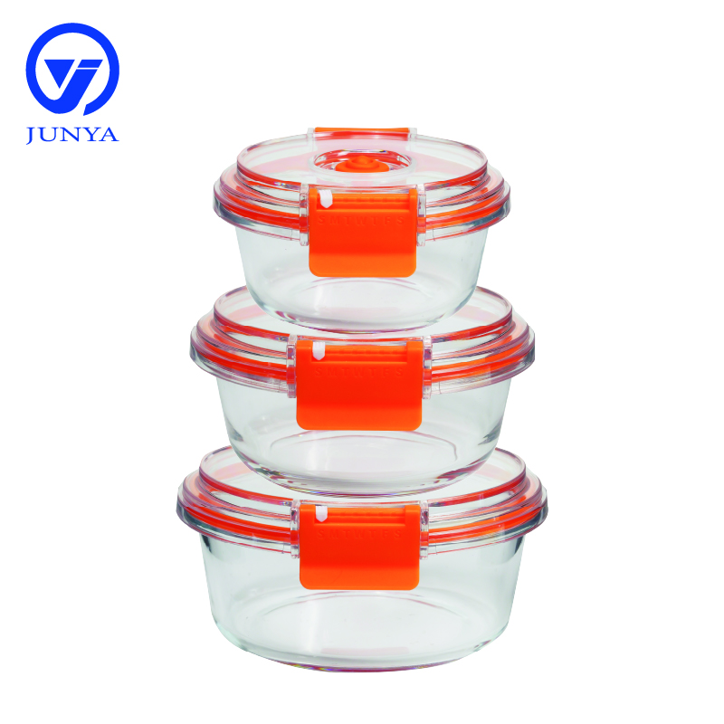 High-Borosilicate Glass Food Container with Orange Vacuum Lid Round Shape