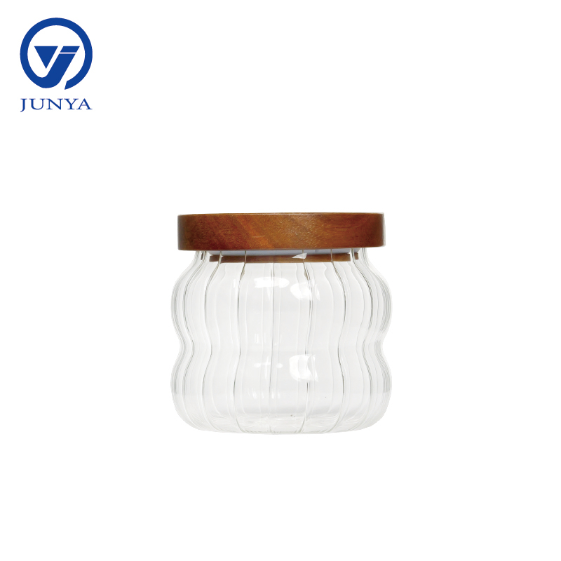 High-Borosilicate Glass Storage Jar with Bamboo Wood Lid Wave Pattern