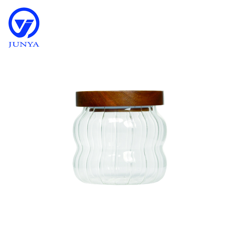 High-Borosilicate Glass Storage Jar with Bamboo Wood Lid Wave Pattern
