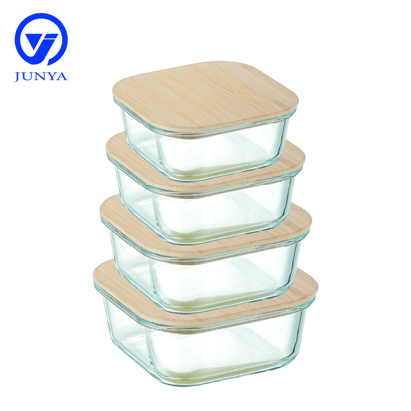High-Borosilicate Glass Food Container with Bamboo Wood Lid Square Shape
