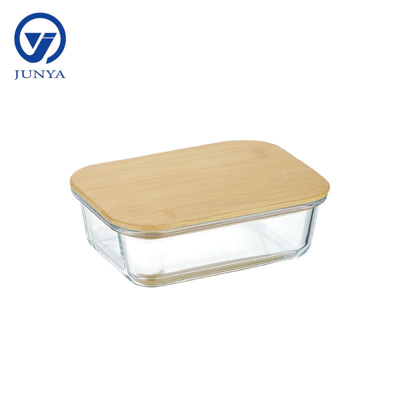 High-Borosilicate Glass Food Container with Bamboo Wood Lid Rectangle Shape