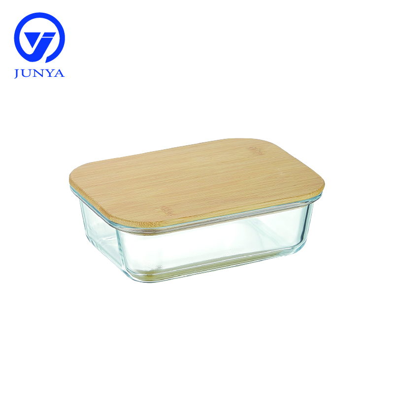 High-Borosilicate Glass Food Container with Bamboo Wood Lid Rectangle Shape