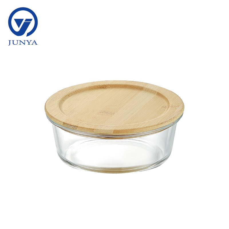 Round Glass Food Container with Bamboo Wood Lid Indentation