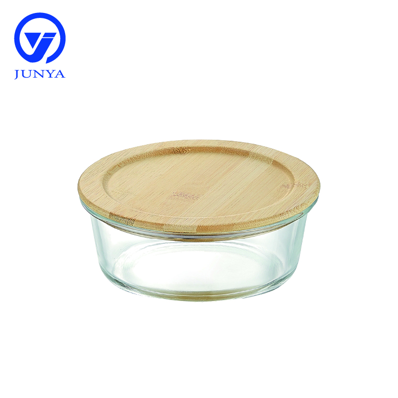 Round Glass Food Container with Bamboo Wood Lid Indentation