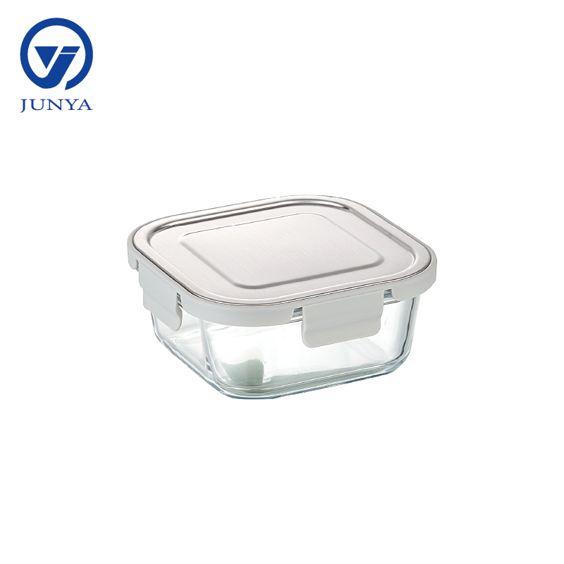 Square Glass Food Container with Four Lock Plastic+Iron Lid
