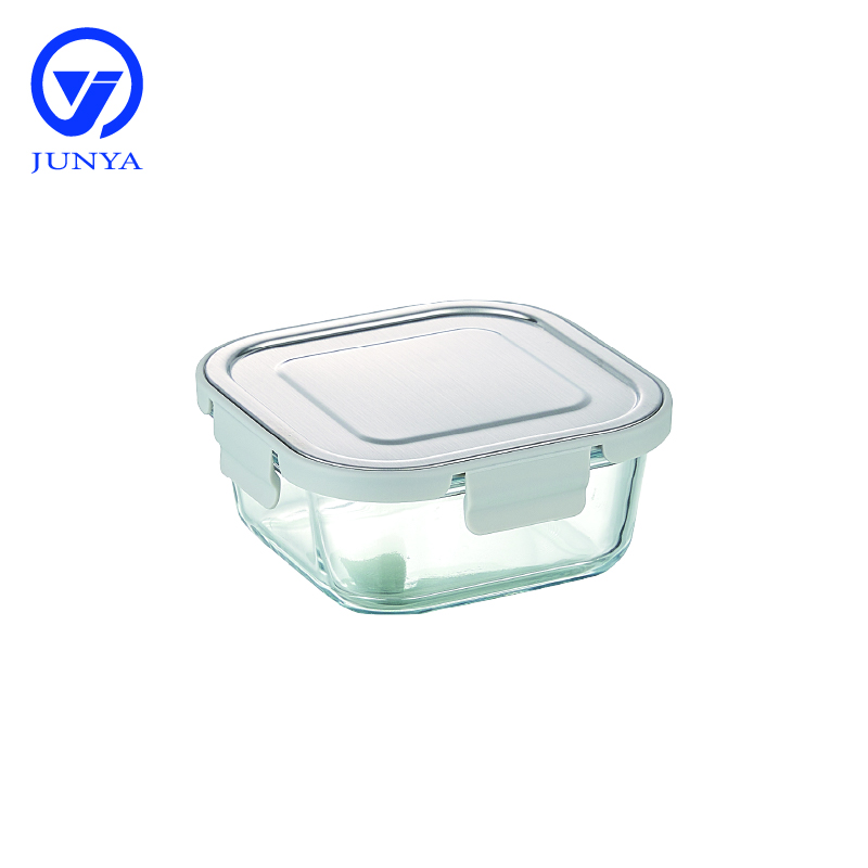 Square Glass Food Container with Four Lock Plastic+Iron Lid