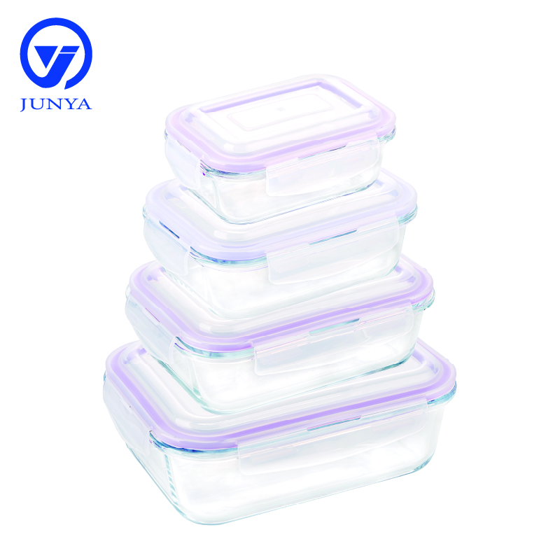Rectangle Glass Food Container with Four Lock Plastic Lid