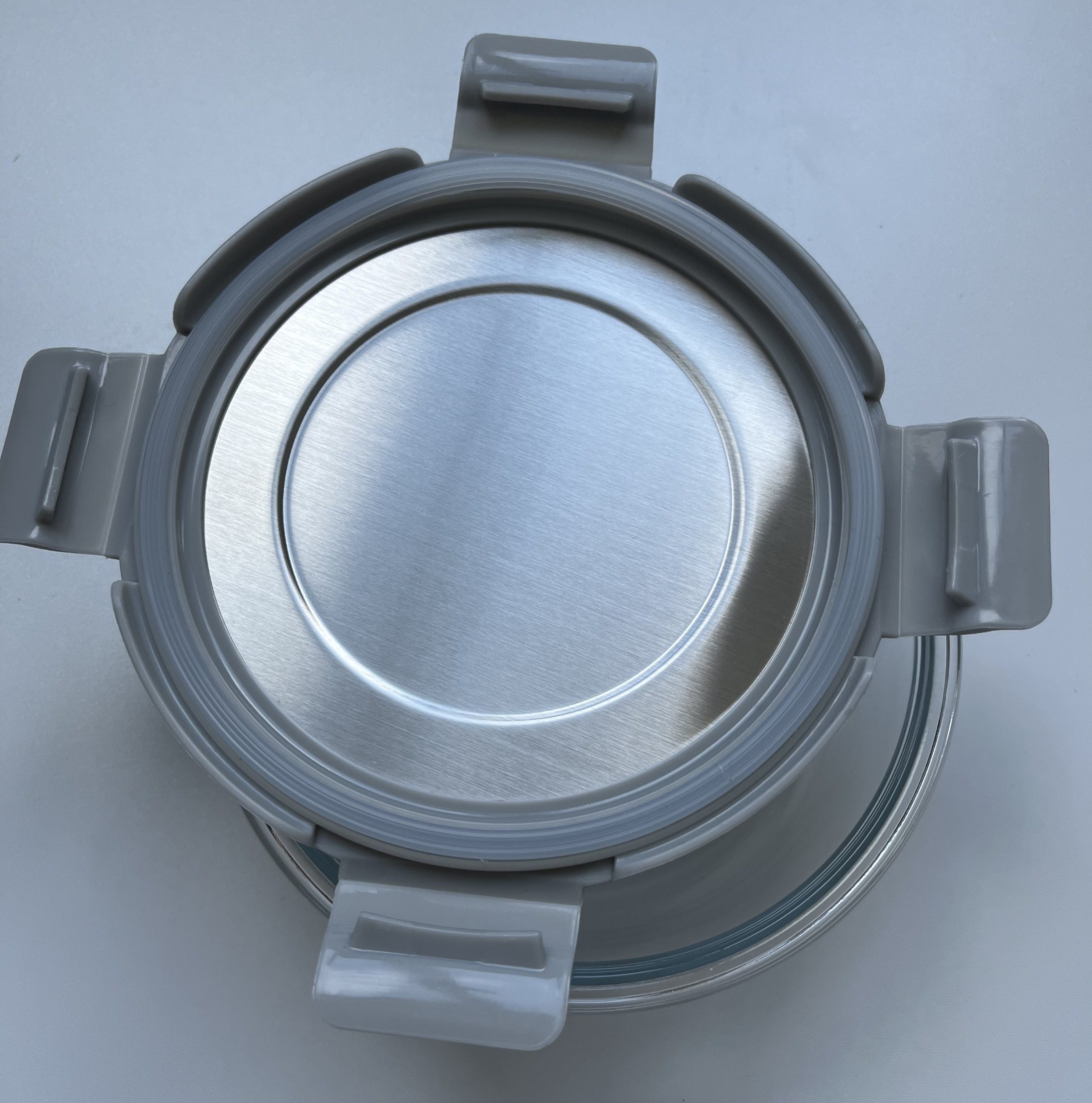 Round Glass Food Container with Four Lock Plastic+Iron Lid