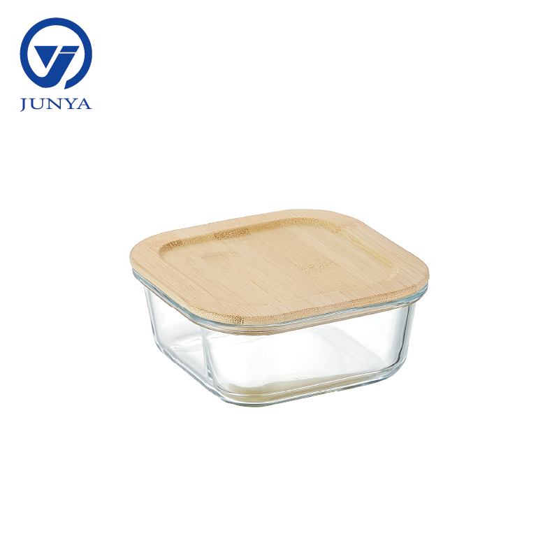 Square Glass Food Container with Bamboo Wood Lid Indentation
