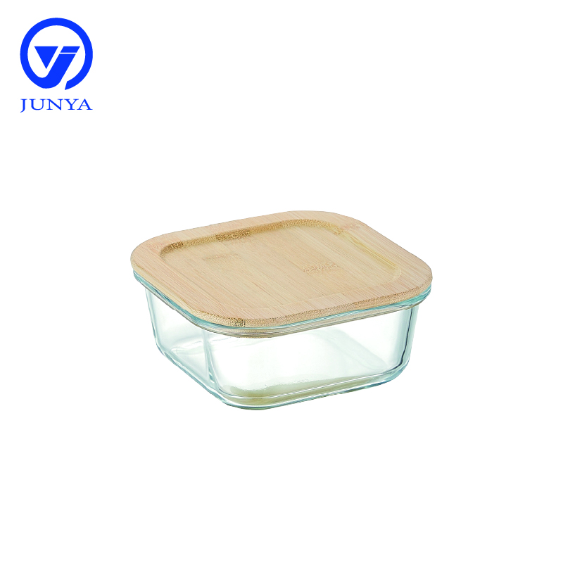 Square Glass Food Container with Bamboo Wood Lid Indentation