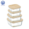 Square Glass Food Container with Bamboo Wood Lid Indentation
