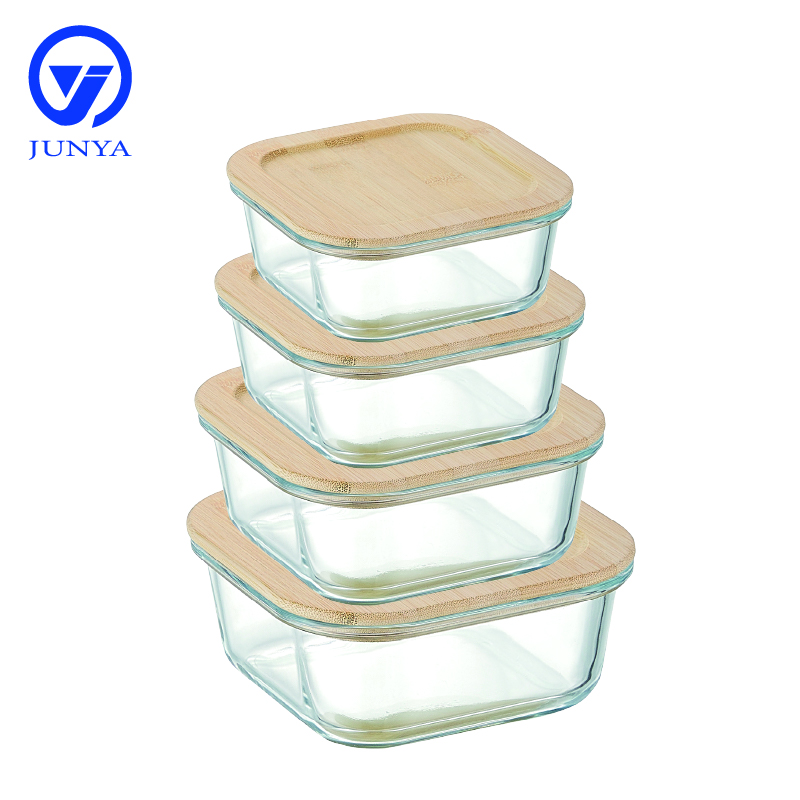 Square Glass Food Container with Bamboo Wood Lid Indentation