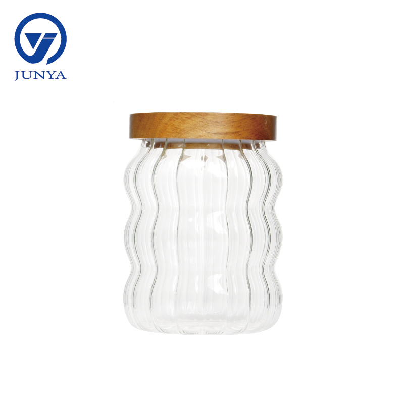 High-Borosilicate Glass Storage Jar with Bamboo Wood Lid Wave Pattern