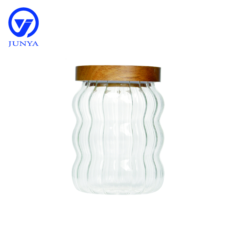 High-Borosilicate Glass Storage Jar with Bamboo Wood Lid Wave Pattern
