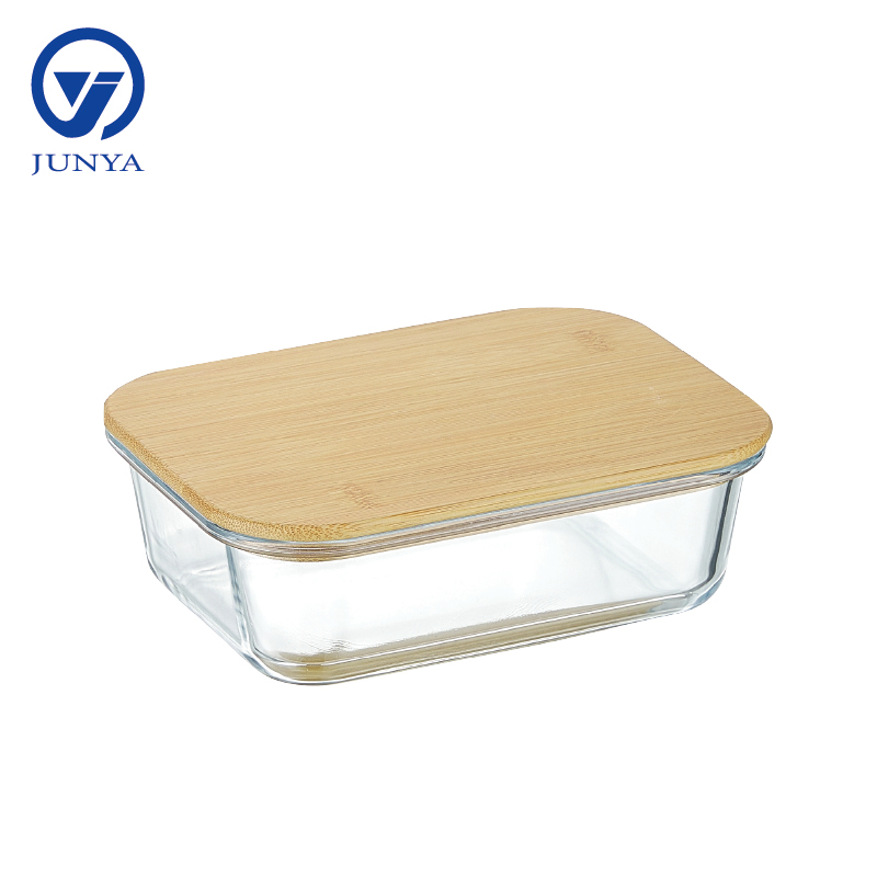High-Borosilicate Glass Food Container with Bamboo Wood Lid Rectangle Shape