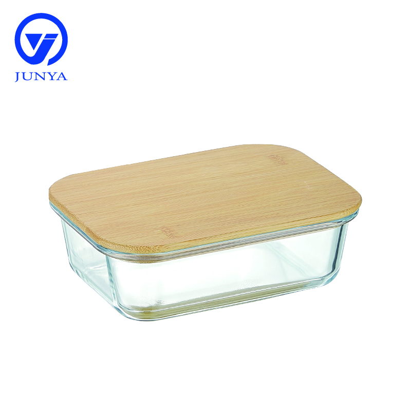 High-Borosilicate Glass Food Container with Bamboo Wood Lid Rectangle Shape