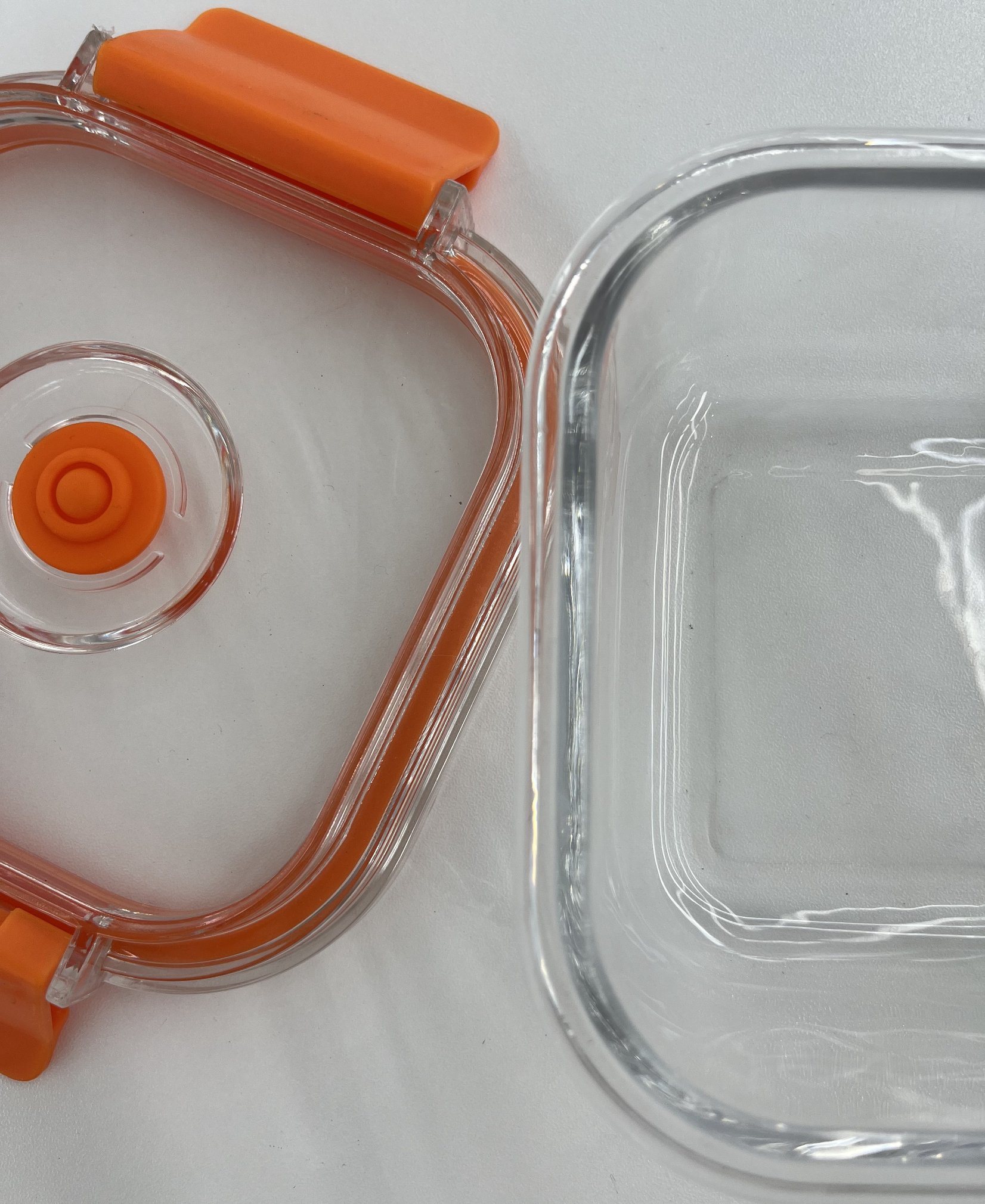 High-Borosilicate Glass Food Container with Orange Vacuum Lid Square Shape