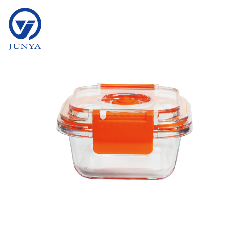 High-Borosilicate Glass Food Container with Orange Vacuum Lid Square Shape