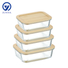Rectangle Glass Food Container with Bamboo Wood Lid Indentation