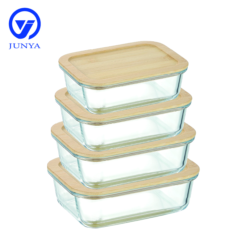 Rectangle Glass Food Container with Bamboo Wood Lid Indentation