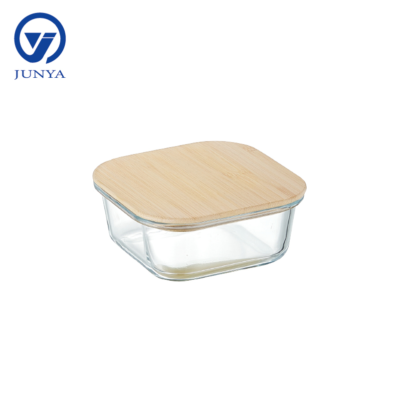 High-Borosilicate Glass Food Container with Bamboo Wood Lid Square Shape