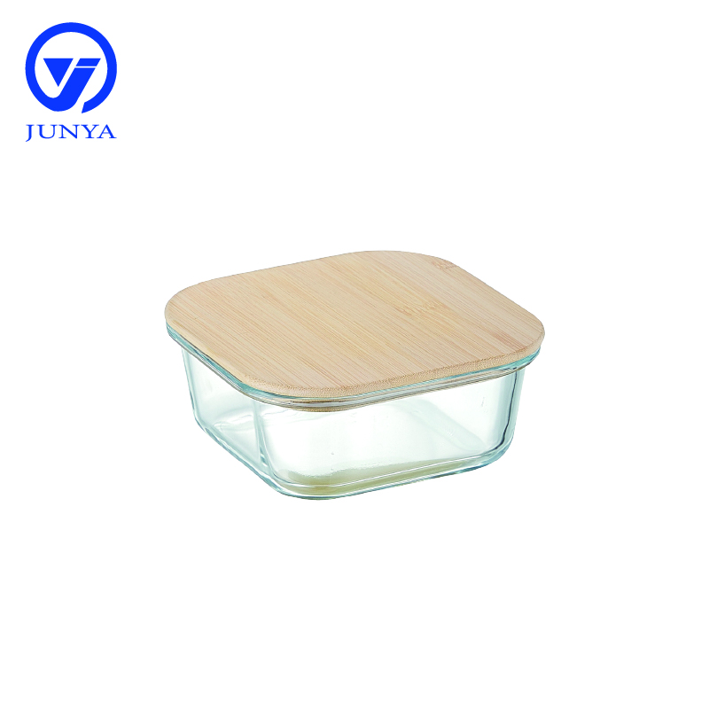 High-Borosilicate Glass Food Container with Bamboo Wood Lid Square Shape