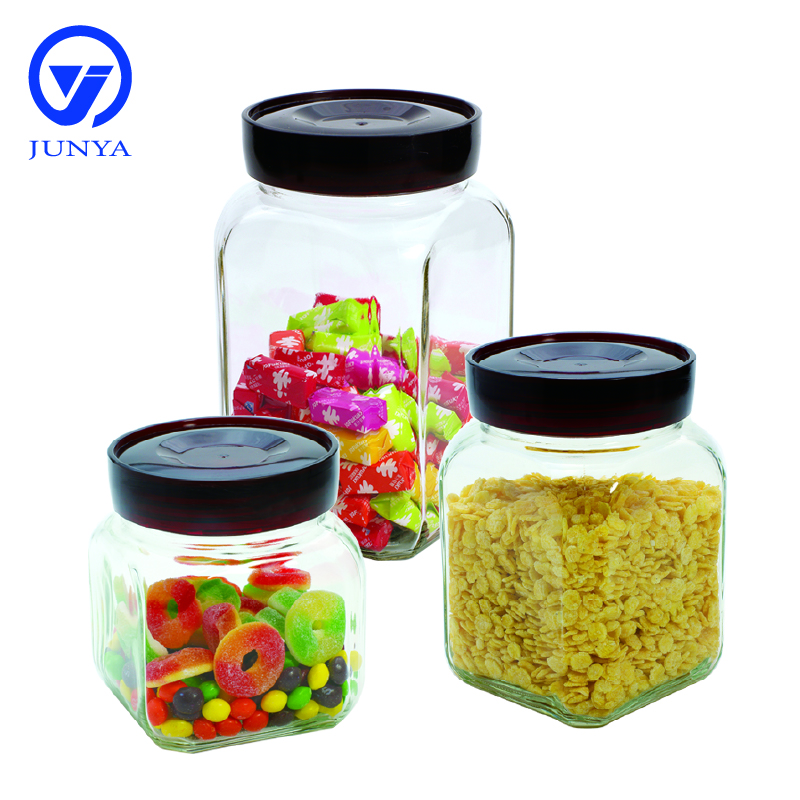 Glass Storage Jar with Red Plastic Lid Square Shape