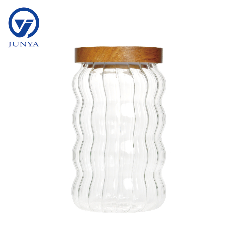 High-Borosilicate Glass Storage Jar with Bamboo Wood Lid Wave Pattern