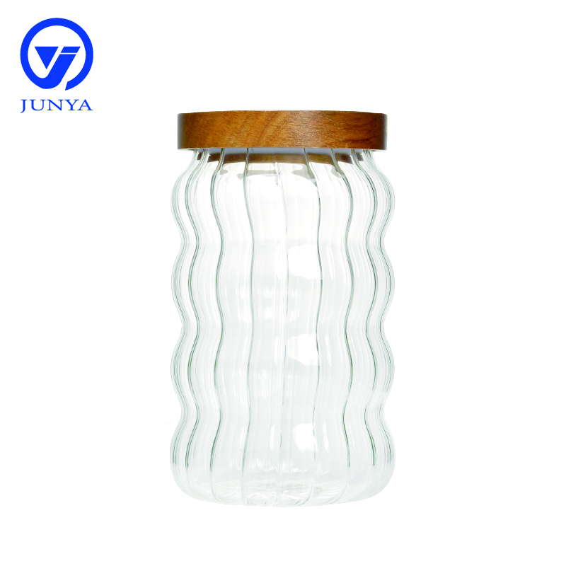 High-Borosilicate Glass Storage Jar with Bamboo Wood Lid Wave Pattern
