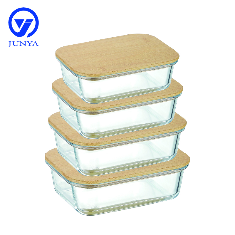 High-Borosilicate Glass Food Container with Bamboo Wood Lid Rectangle Shape