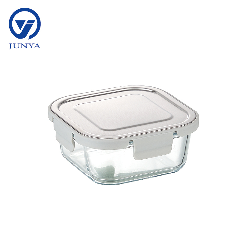 Square Glass Food Container with Four Lock Plastic+Iron Lid