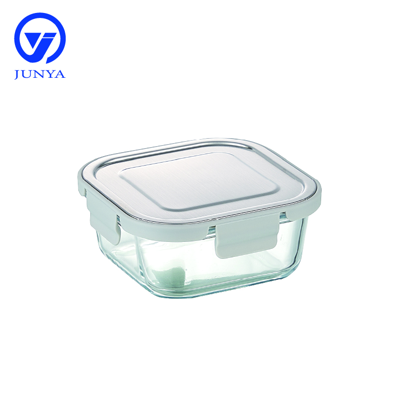 Square Glass Food Container with Four Lock Plastic+Iron Lid