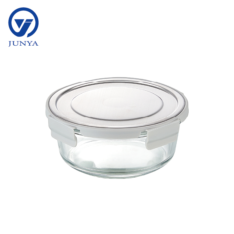 Round Glass Food Container with Four Lock Plastic+Iron Lid
