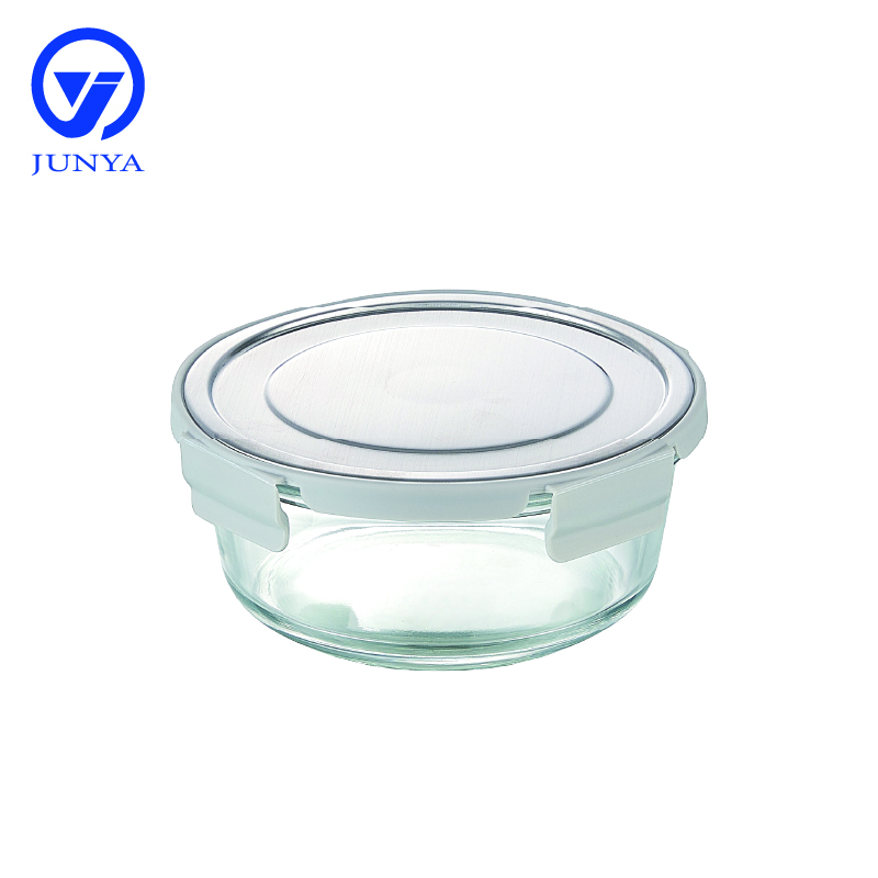 Round Glass Food Container with Four Lock Plastic+Iron Lid