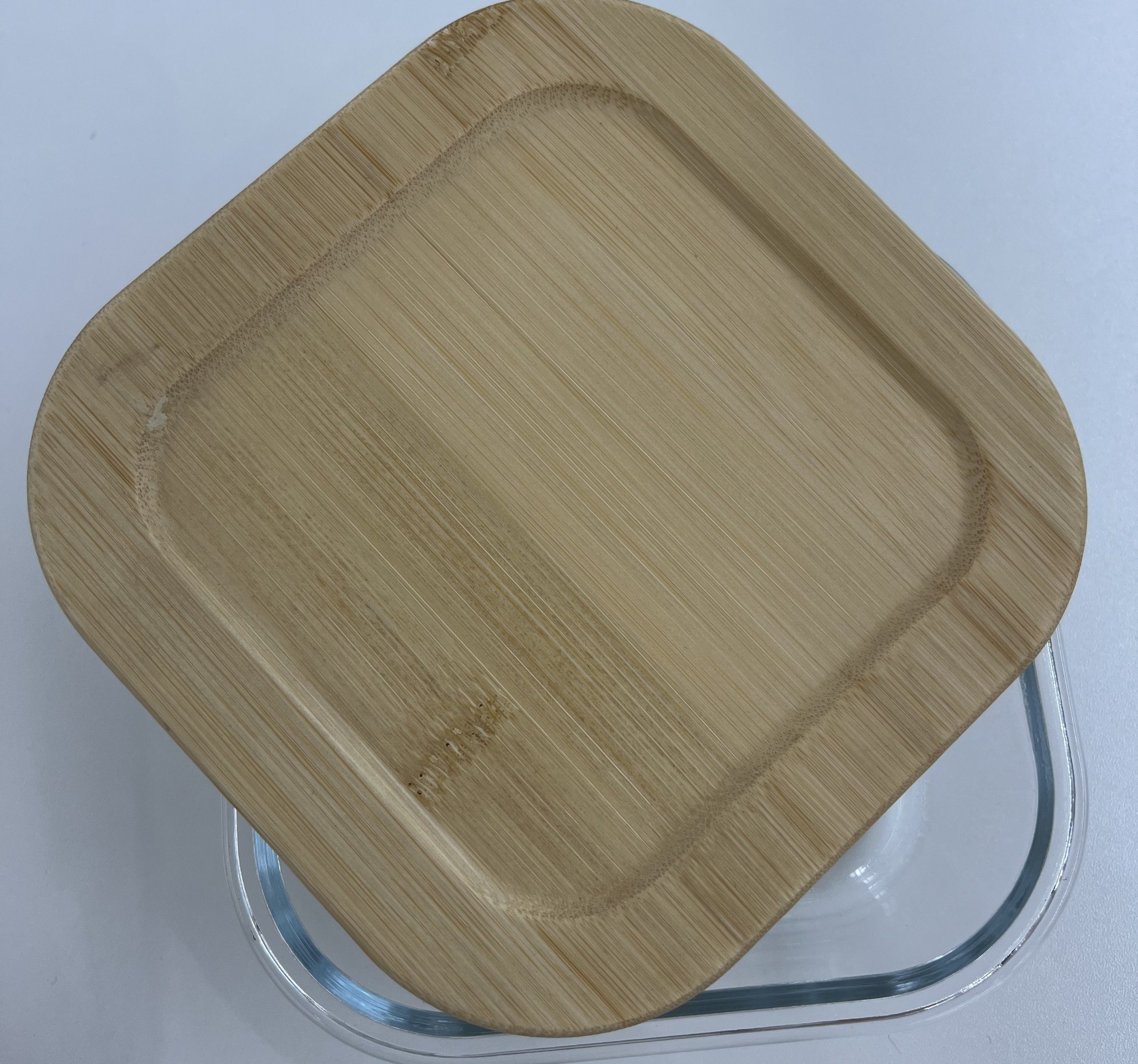 Square Glass Food Container with Bamboo Wood Lid Indentation