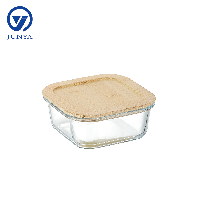 Square Glass Food Container with Bamboo Wood Lid Indentation
