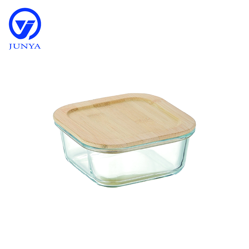 Square Glass Food Container with Bamboo Wood Lid Indentation