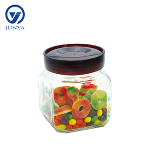 Glass Storage Jar with Red Plastic Lid Square Shape