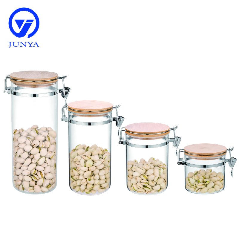 High-Borosilicate Glass Storage Jar with Bamboo Wood Lid And Steel Wire Buckle
