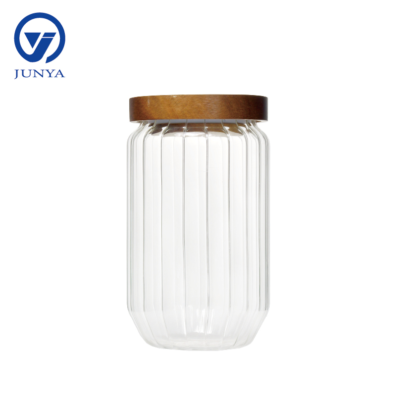 High-Borosilicate Glass Storage Jar with Bamboo Wood Lid Stripe Pattern
