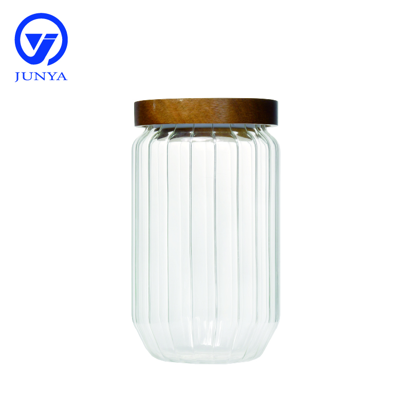 High-Borosilicate Glass Storage Jar with Bamboo Wood Lid Stripe Pattern