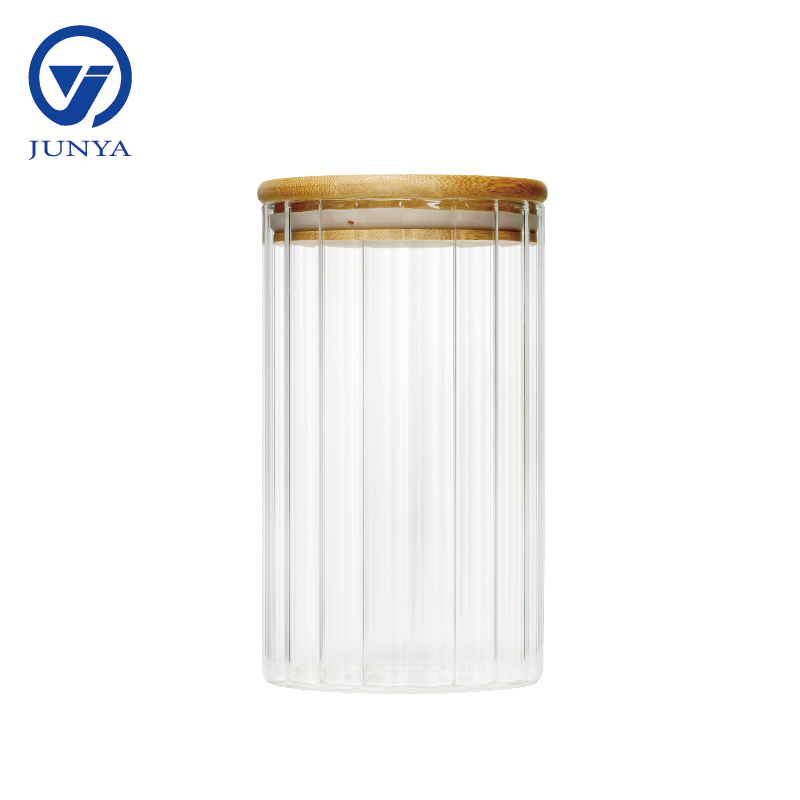 High-Borosilicate Glass Storage Jar with Bamboo Wood Lid Stripe Pattern