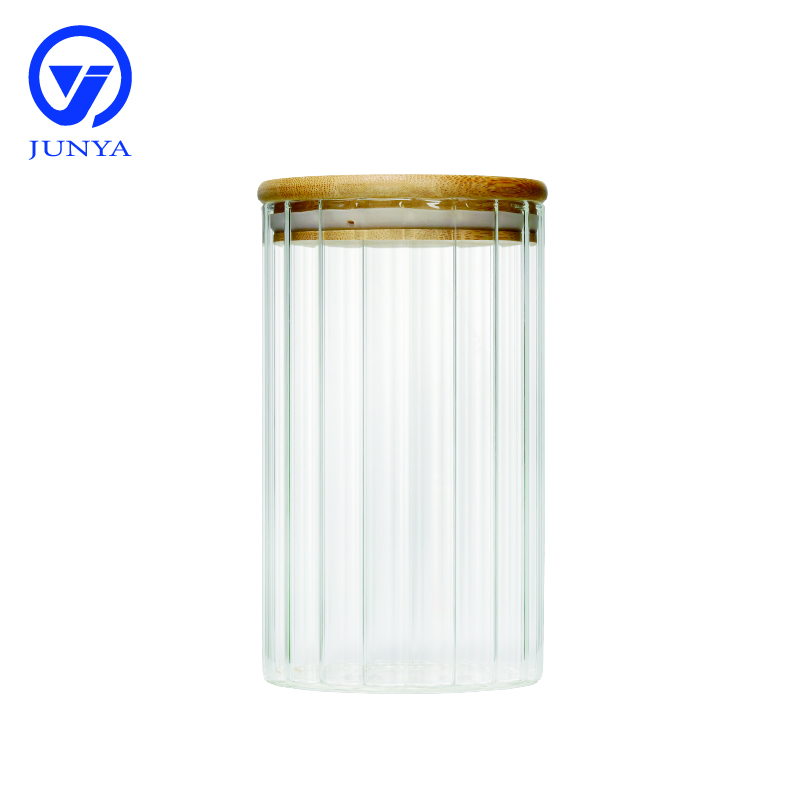 High-Borosilicate Glass Storage Jar with Bamboo Wood Lid Stripe Pattern