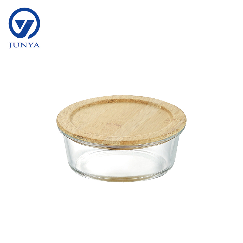 Round Glass Food Container with Bamboo Wood Lid Indentation