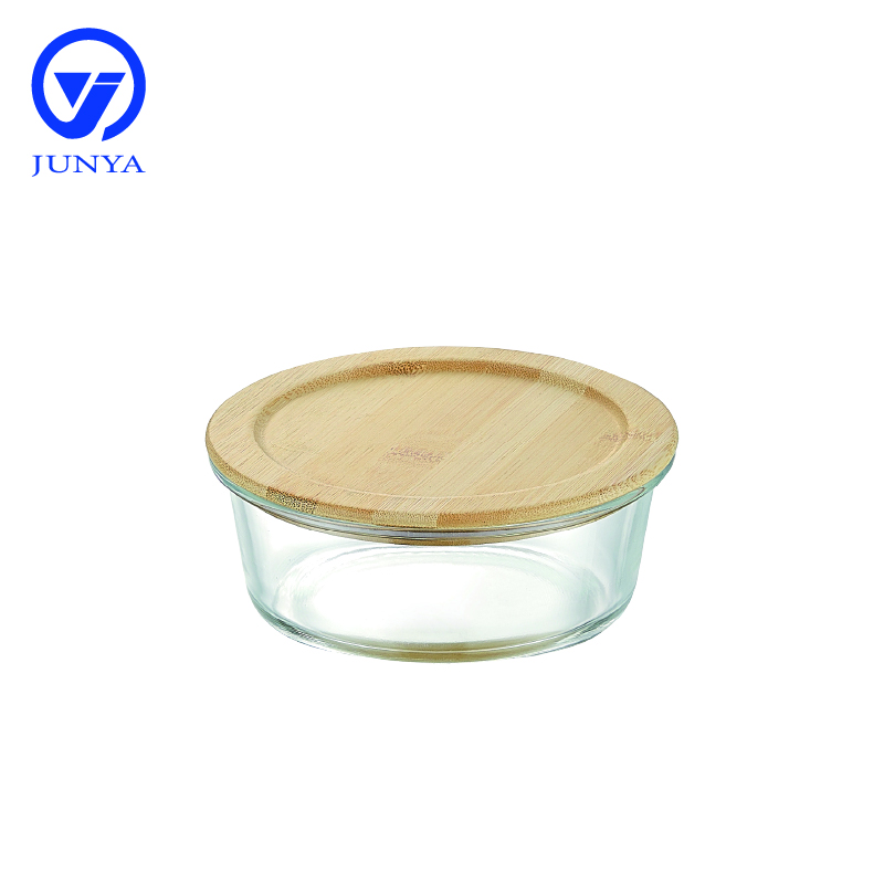 Round Glass Food Container with Bamboo Wood Lid Indentation